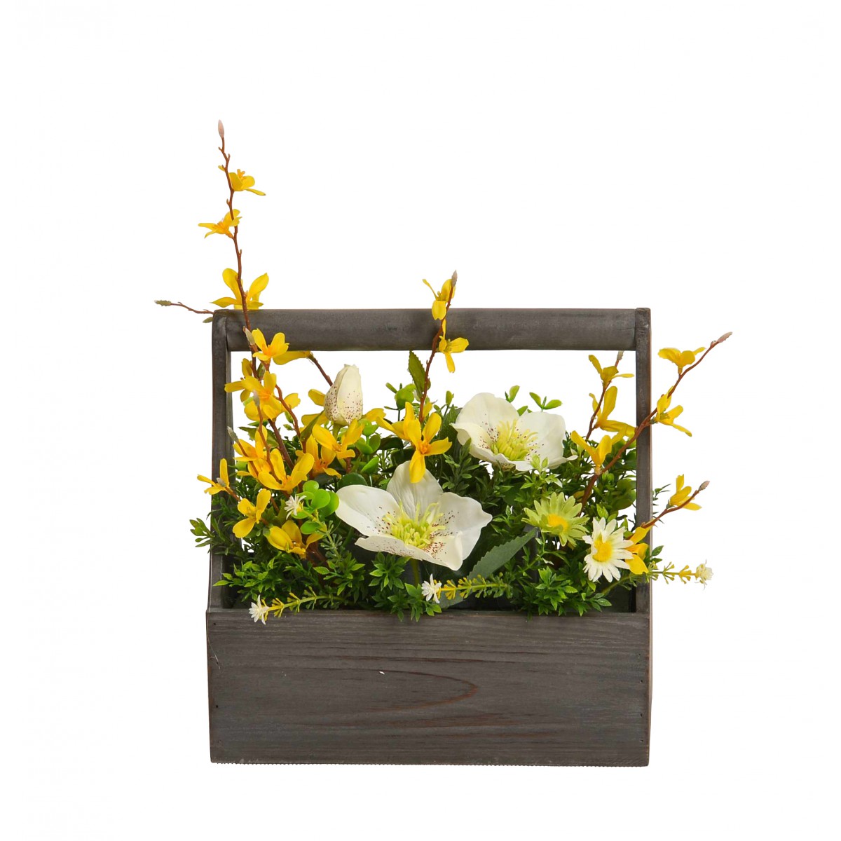 Floral arrangement with wooden pot