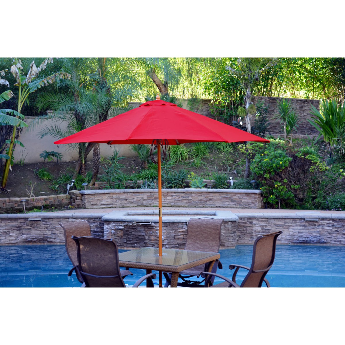 9 ft red wooden patio umbrella 9ft Market with Base & Remote Control, Arizonas most revered spa retreat inspired the timeless style of this 9 ft Personalized Red 9 ft x