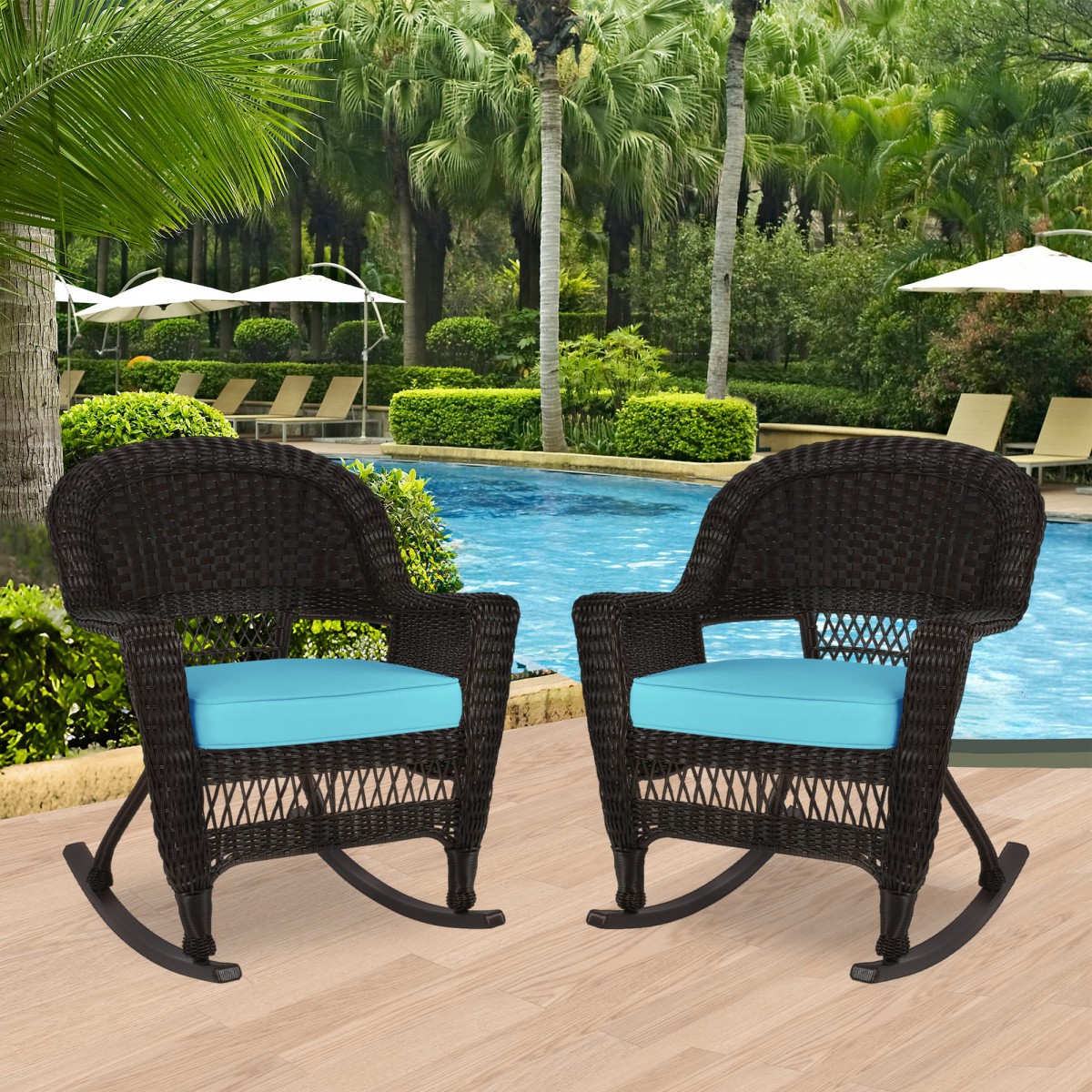 Coffee Rocking Chair Espresso Rocker Wicker Chair with Sky Blue Cushion - Set of 2