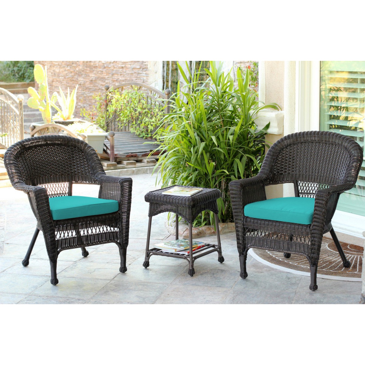 Espresso Wicker Chair And End Table Set With Turquoise Chair