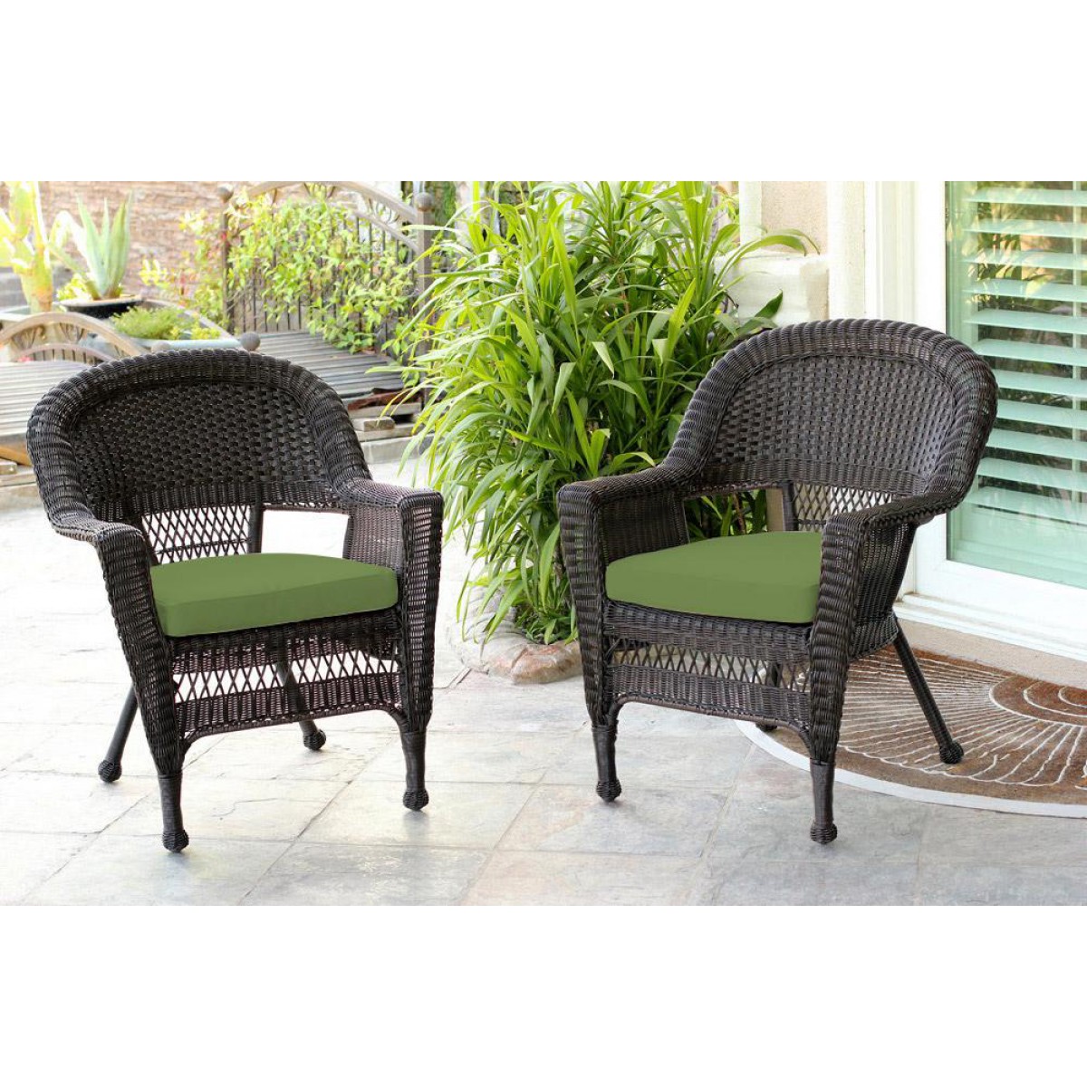Espresso Wicker Chair With Hunter Green Cushion Set of 2