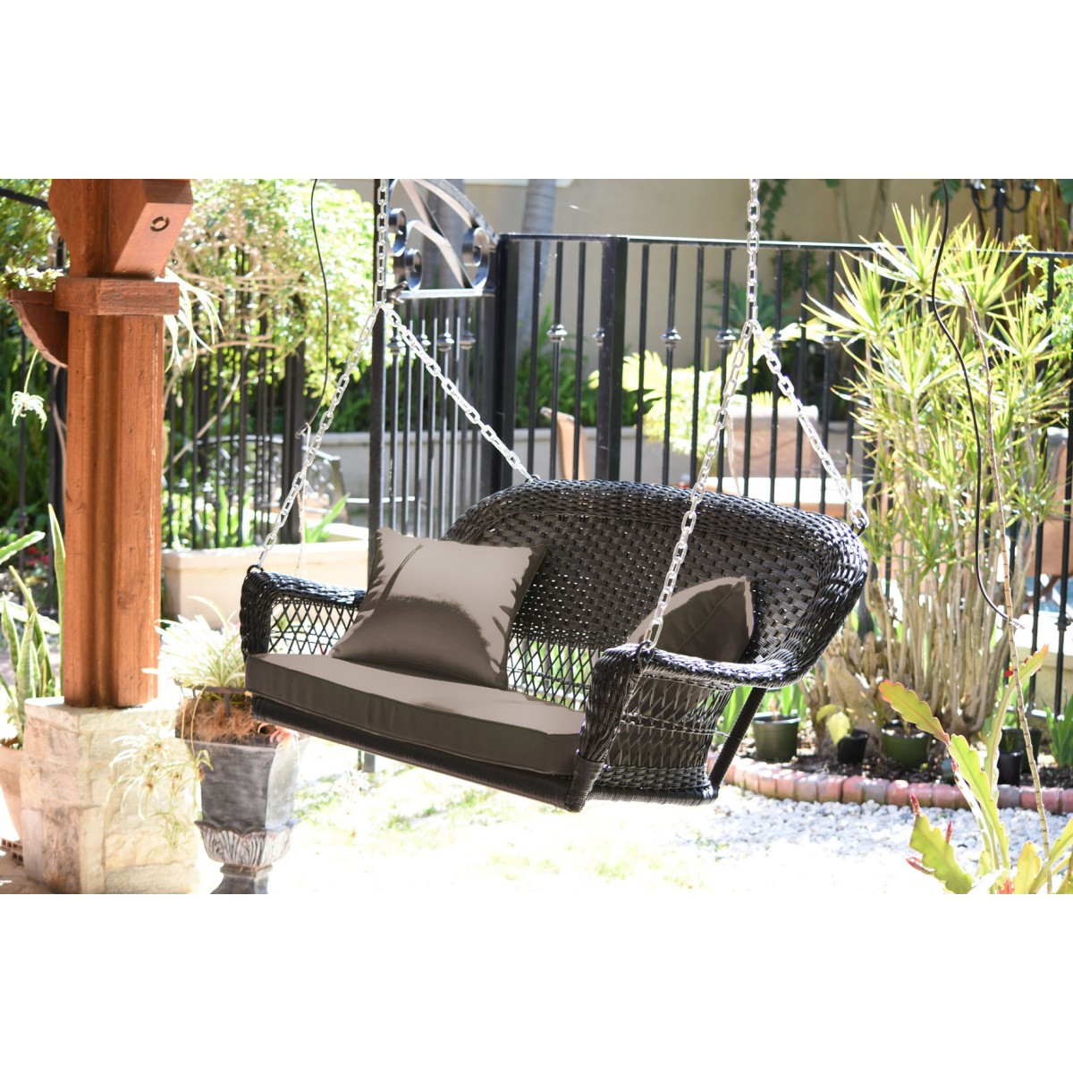 Espresso Resin Wicker Porch Swing With Brown Cushion More Views