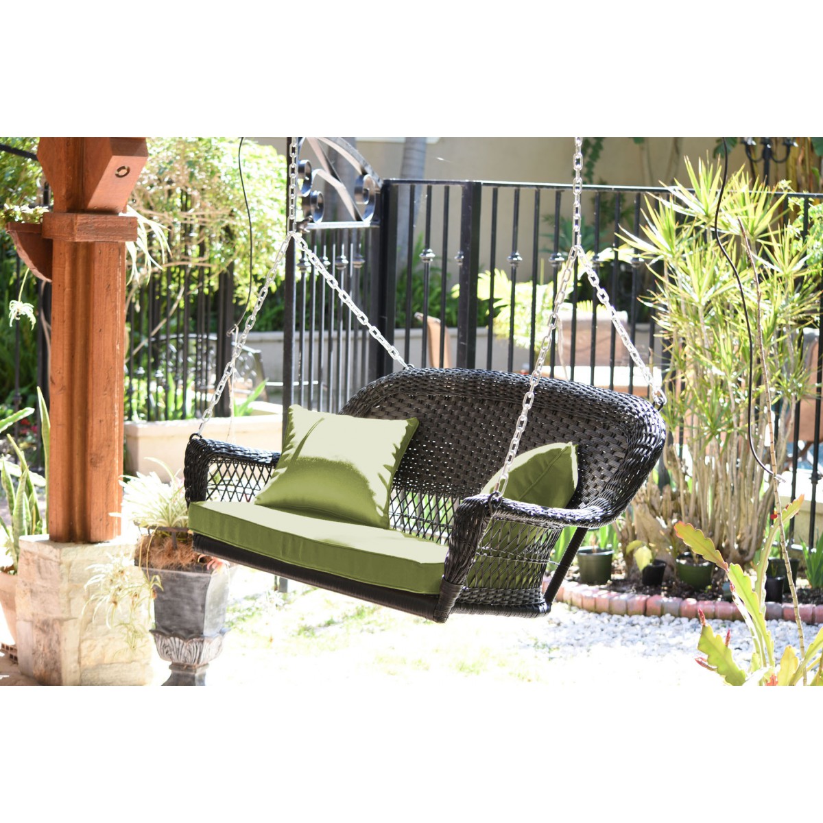 Espresso Resin Wicker Porch Swing with Sage Green Cushion