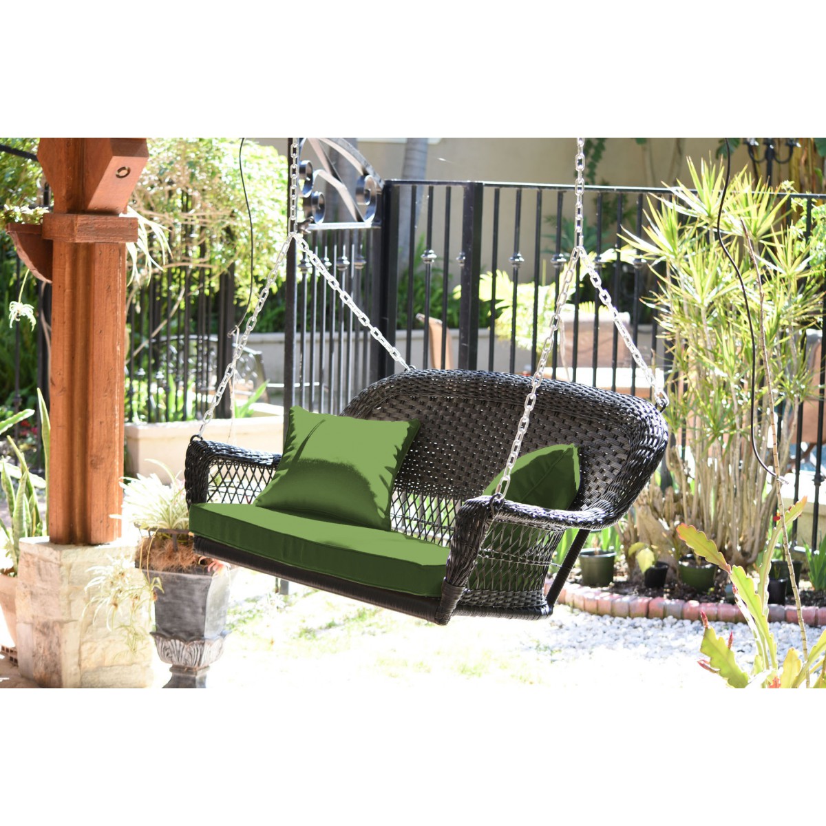 Espresso Resin Wicker Porch Swing with Hunter Green Cushion