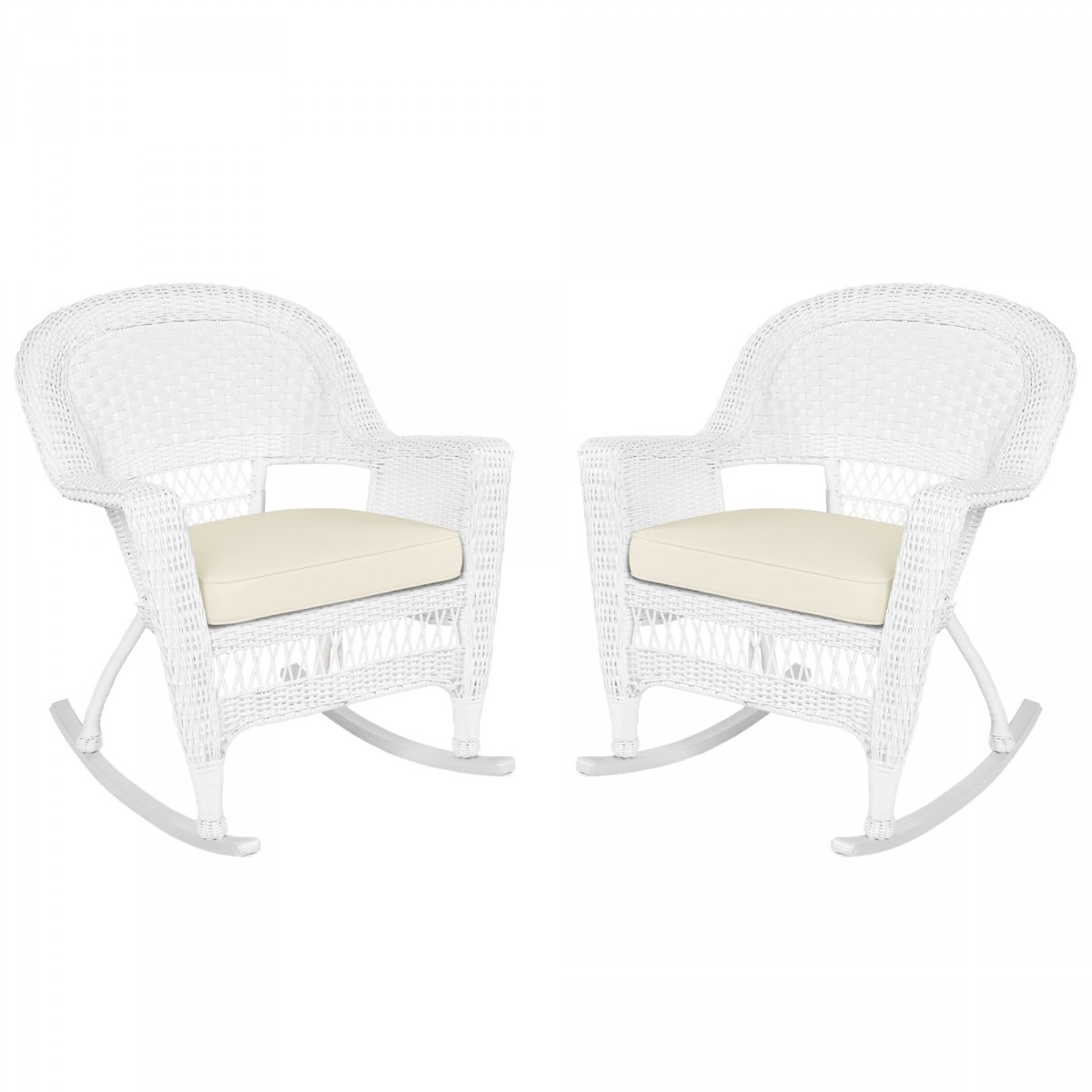 White Rocker Wicker Chair with Ivory Cushion- Set of 2