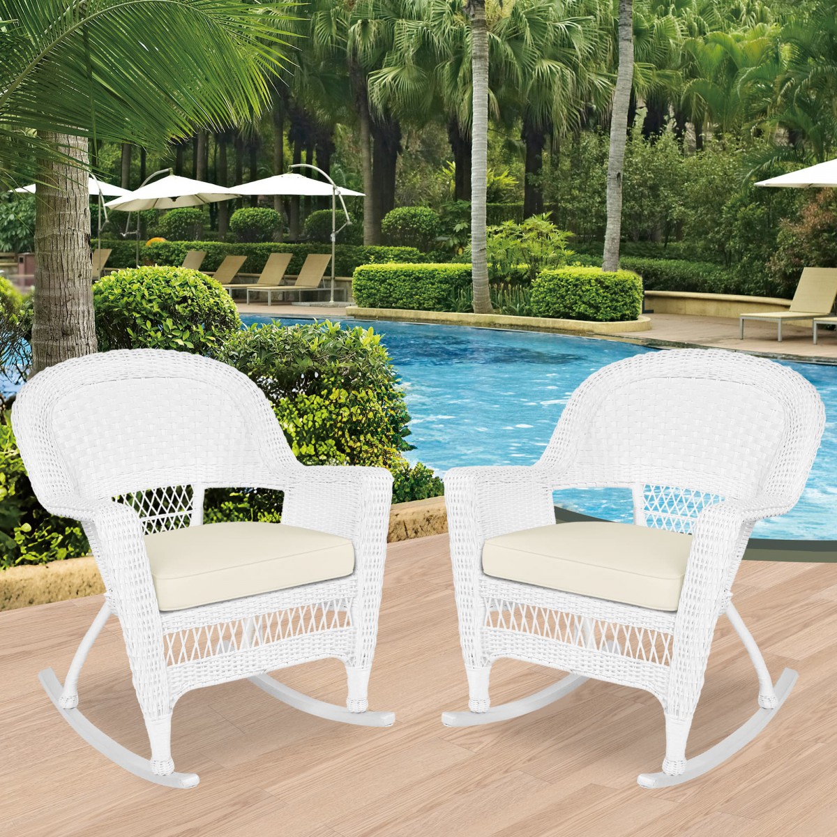 White Rocker Wicker Chair with Ivory Cushion- Set of 2
