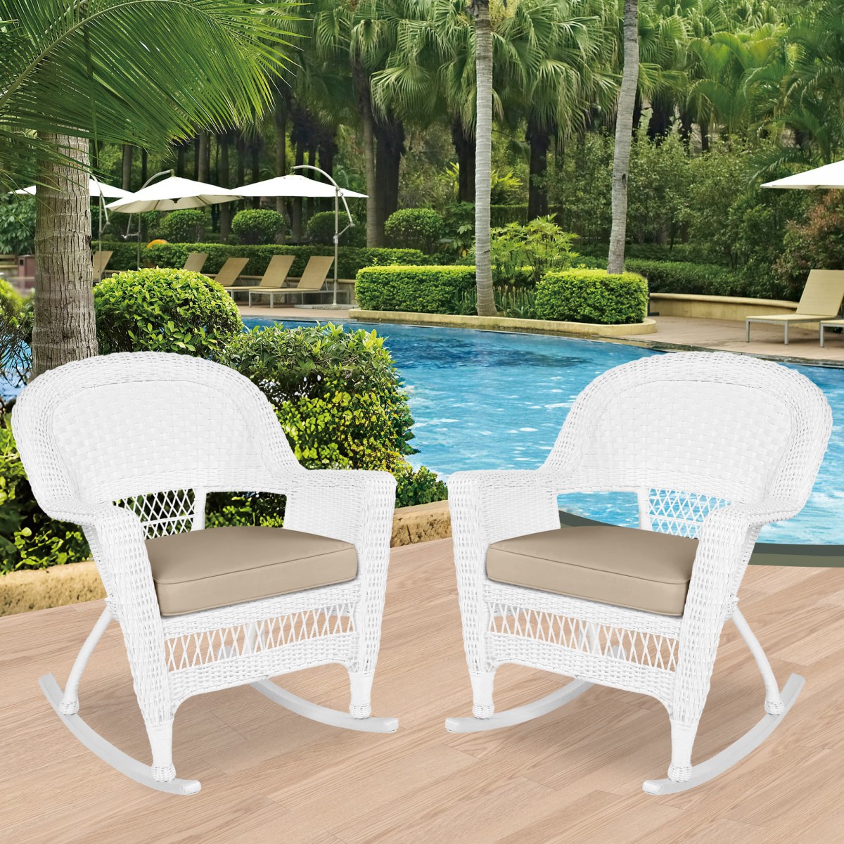 Tan Check Rocking Chair White Rocker Wicker Chair with Tan Cushion- Set of 2