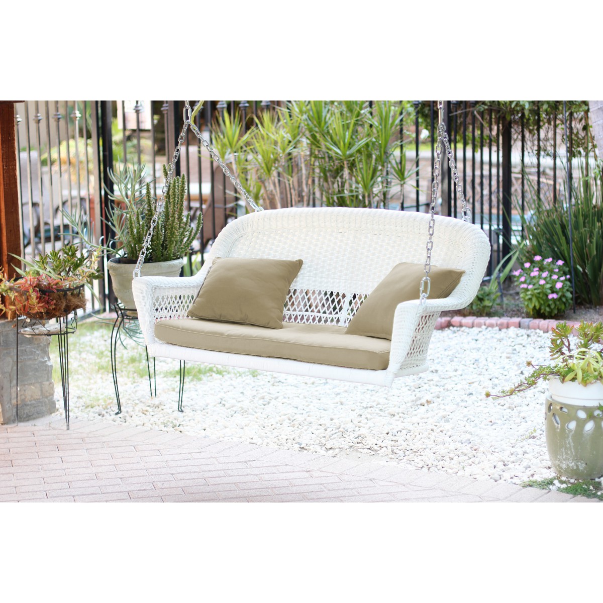 White Resin Wicker Porch Swing with Tan Cushion