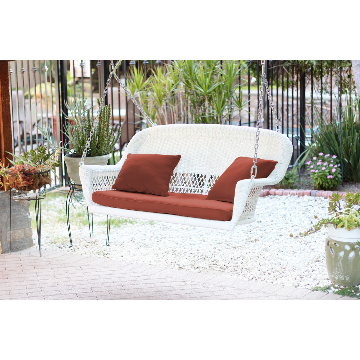 White Resin Wicker Porch Swing with Brick Red Cushion