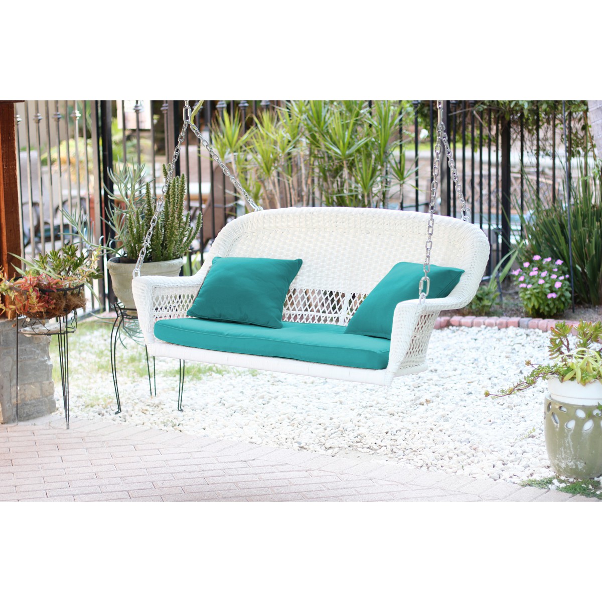 White Resin Wicker Porch Swing with Turquoise Cushion