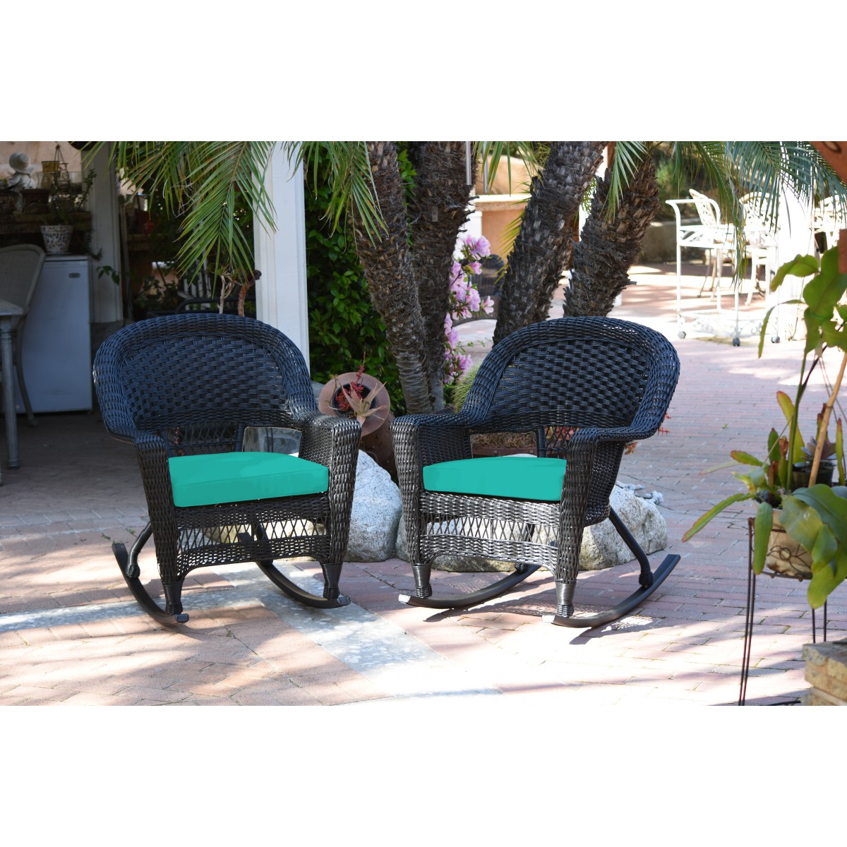Black Rocker Wicker Chair With Turquoise Cushion Set Of 2