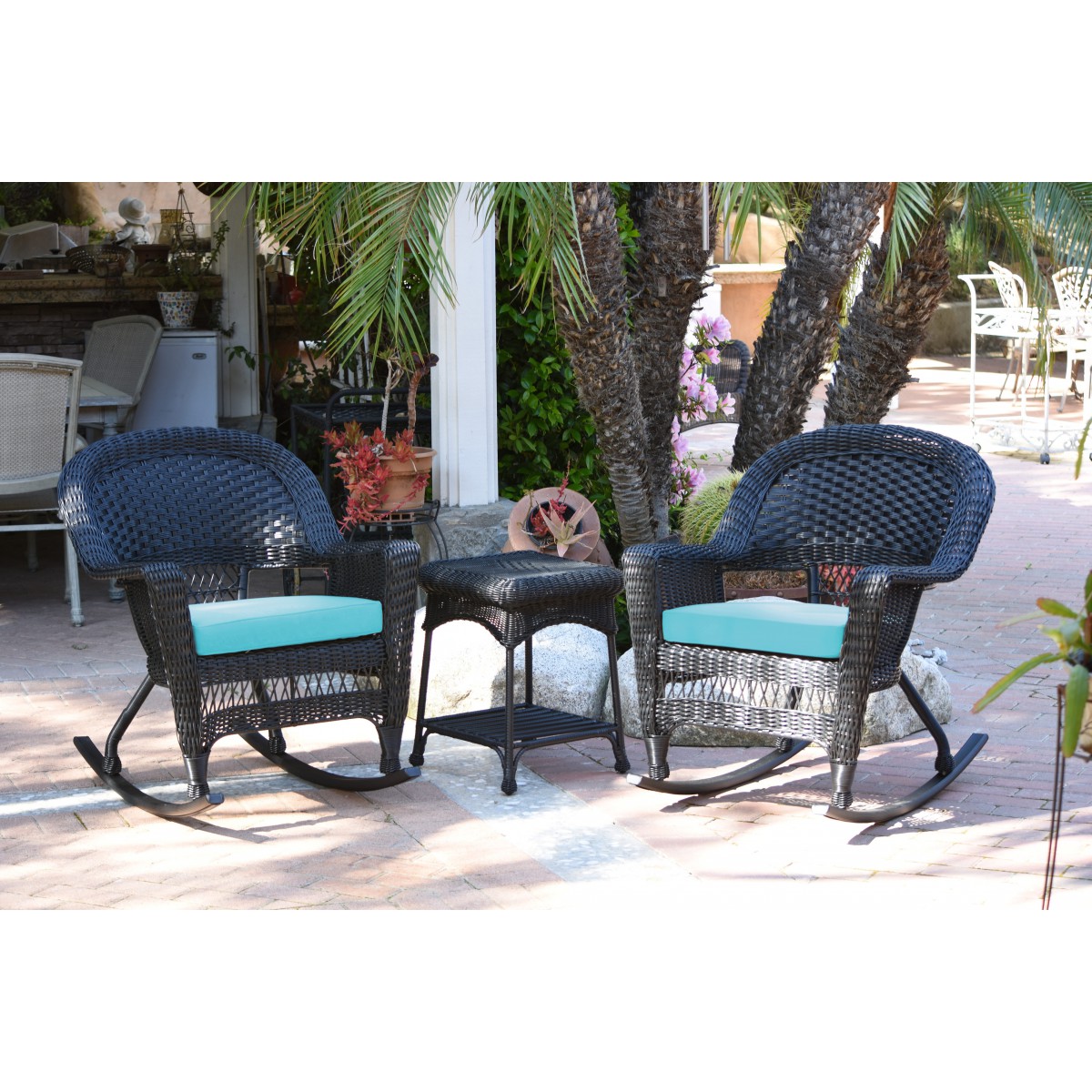 3pc Black Rocker Wicker Chair Set With Sky Blue Cushion