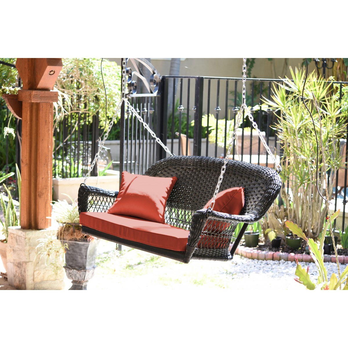 Black Resin Wicker Porch Swing with Brick Red Cushion