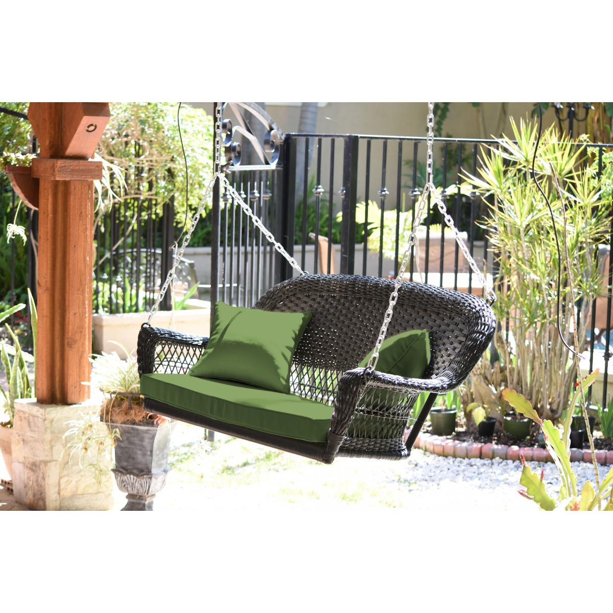 Black Resin Wicker Porch Swing with Hunter Green Cushion