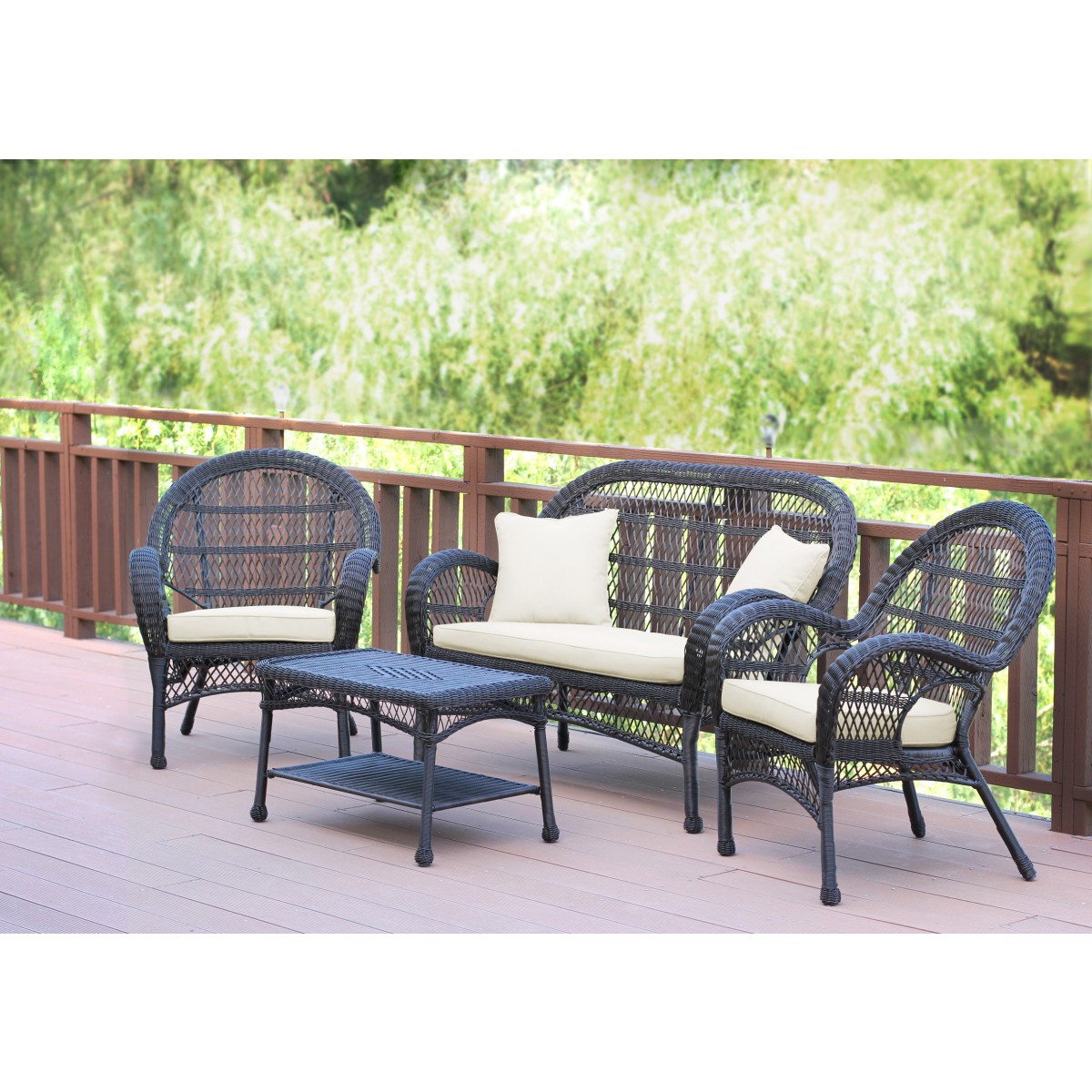 4pc Santa Maria Espresso Wicker Conversation Set Ivory Cushions