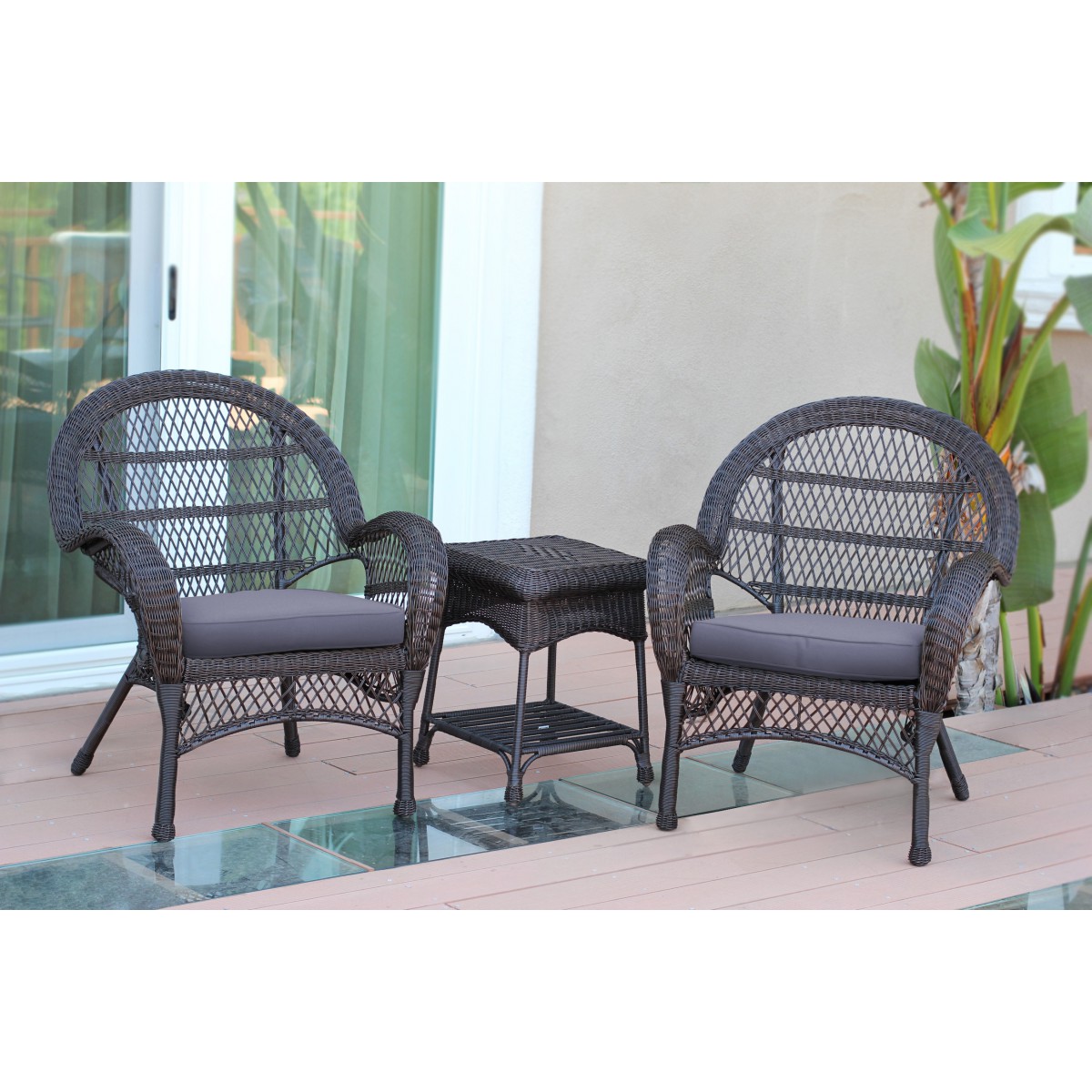3pc Santa Maria Espresso Wicker Chair Set Steel Blue Cushions