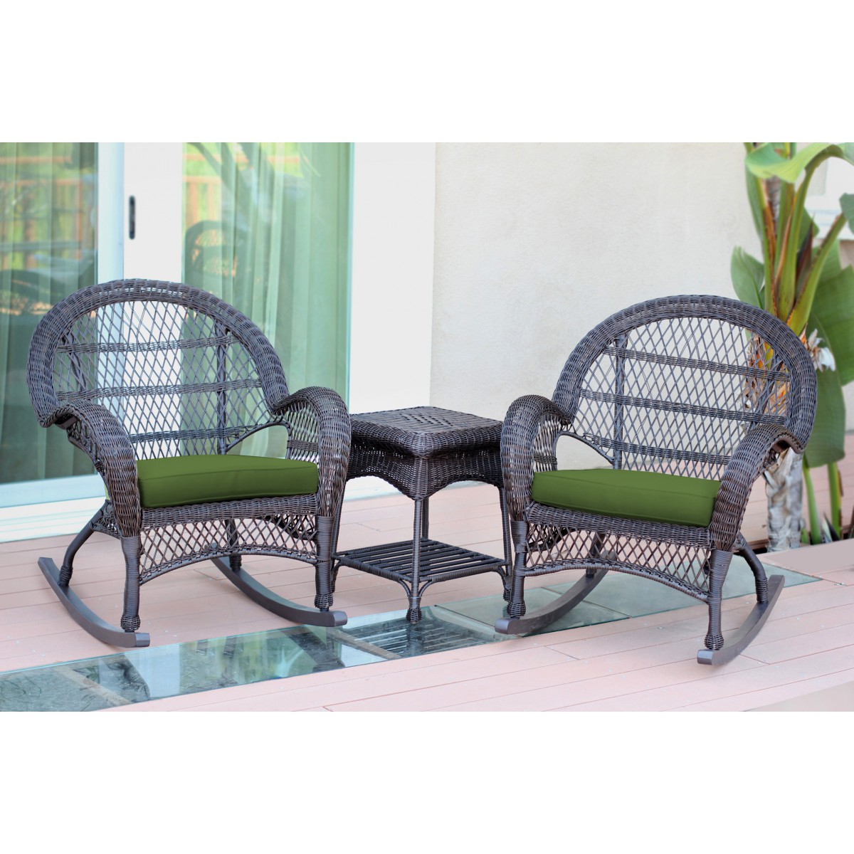 3pc Santa Maria Espresso Rocker Wicker Chair Set Hunter Green