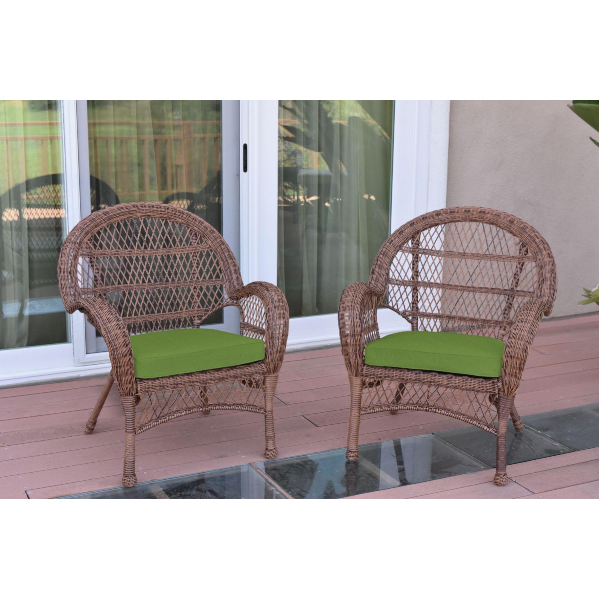 Santa Maria Honey Wicker Chair with Hunter Green Cushion Set of 2