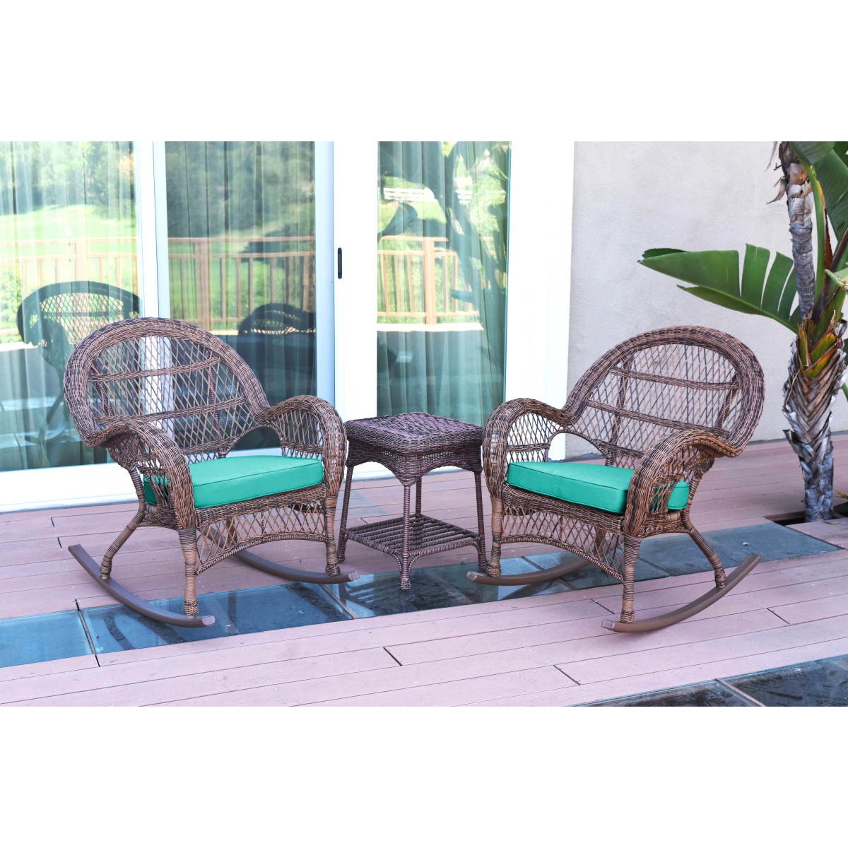 3pc Santa Maria Honey Rocker Wicker Chair Set Turquoise Cushions