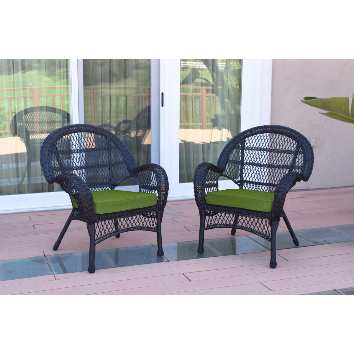 Santa Maria Black Wicker Chair with Hunter Green Cushion Set of 2