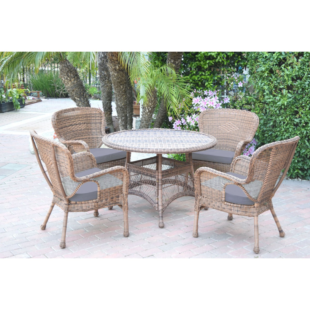 5pc Windsor Honey Wicker Dining Set Steel Blue Cushions