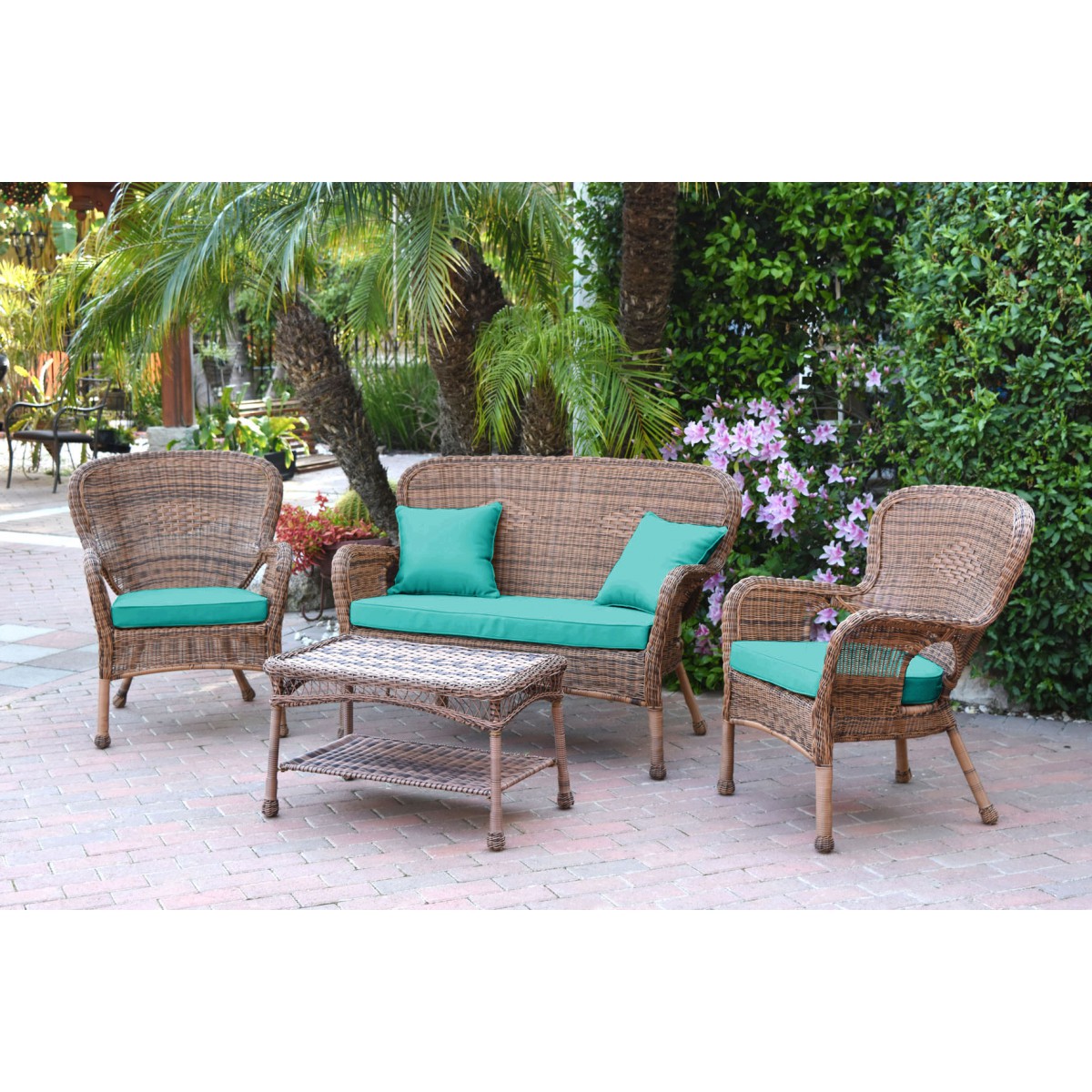 4pc Windsor Honey Wicker Conversation Set Turquoise Cushions