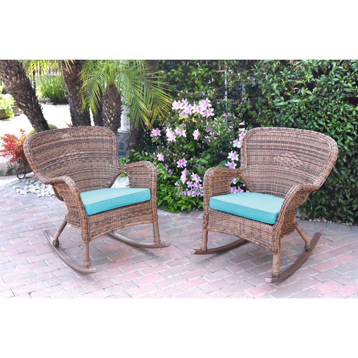 Set of 2 Windsor Honey Resin Wicker Rocker Chair with Sky Blue Cushions