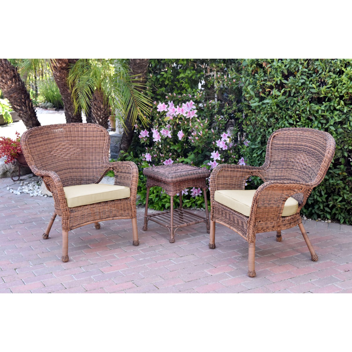 Windsor Honey Wicker Chair And End Table Set With Ivory Chair Cushion