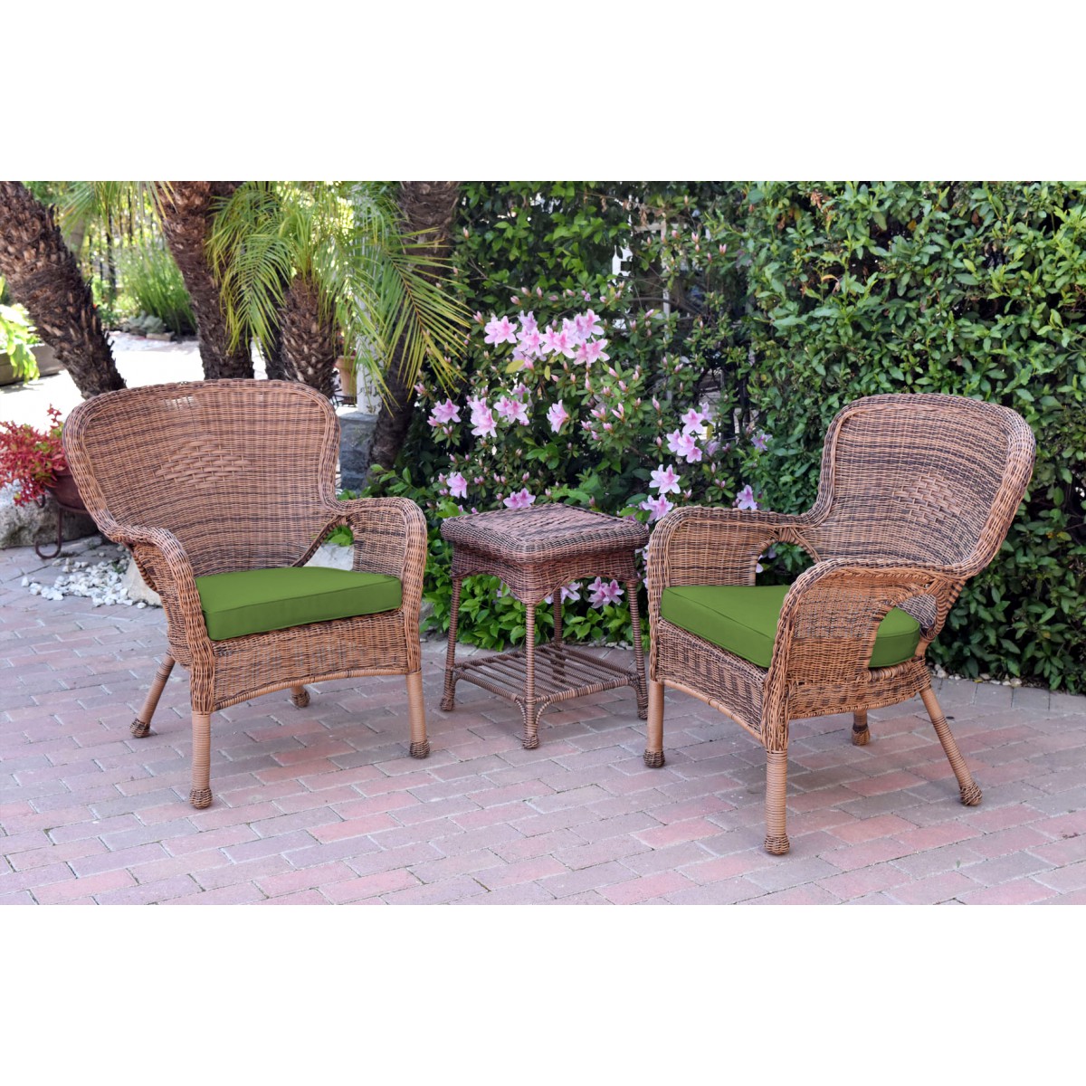 Windsor Honey Wicker Chair And End Table Set With Hunter Green Chair