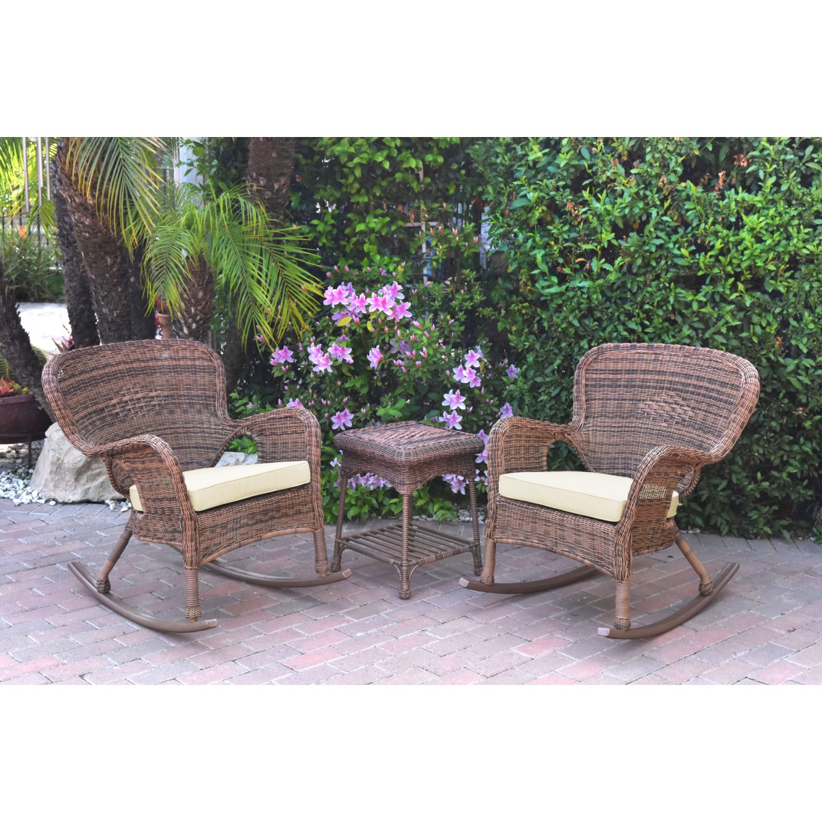 Windsor Honey Wicker Rocker Chair And End Table Set With Ivory Chair