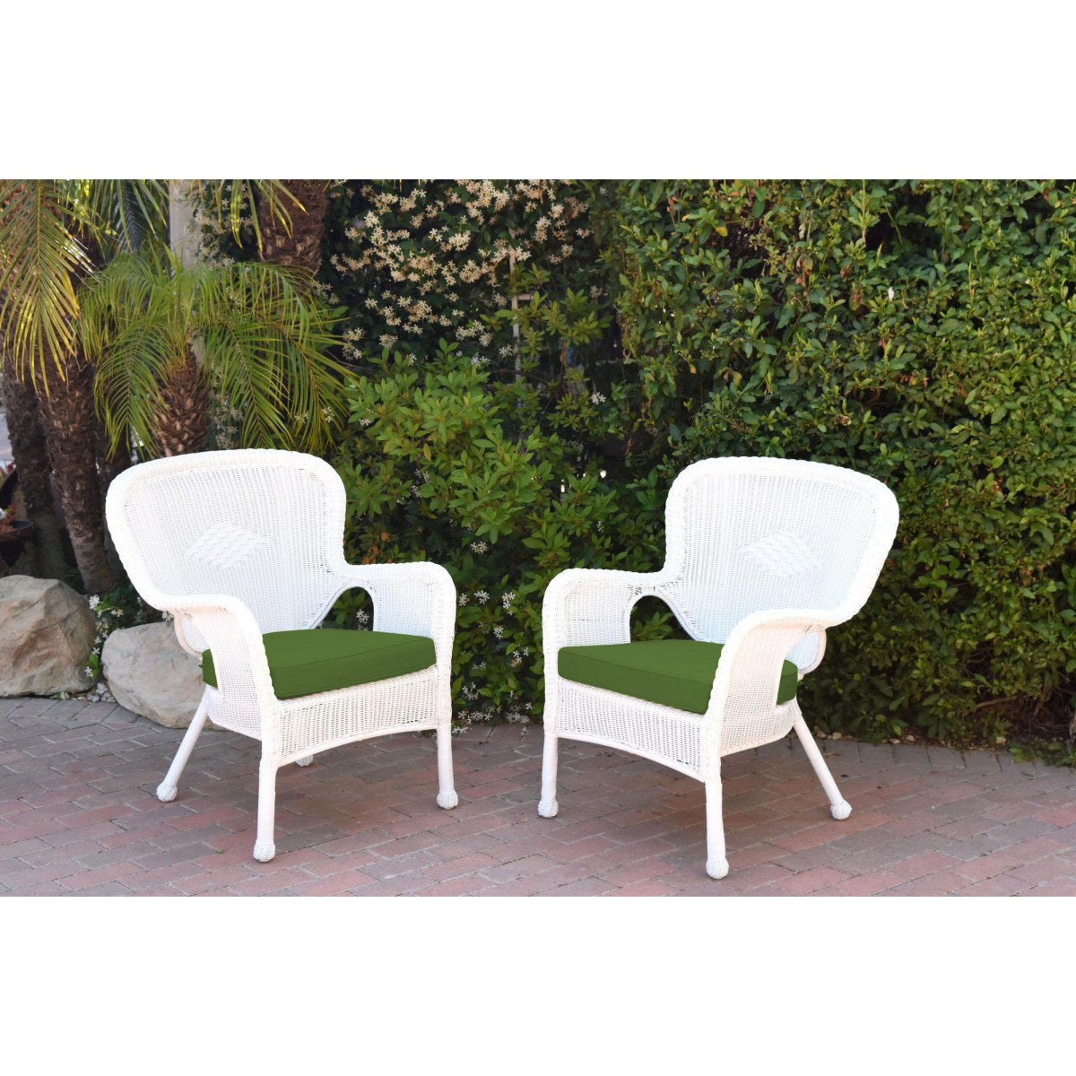 Set of 2 Windsor White Resin Wicker Chair with Hunter Green Cushion