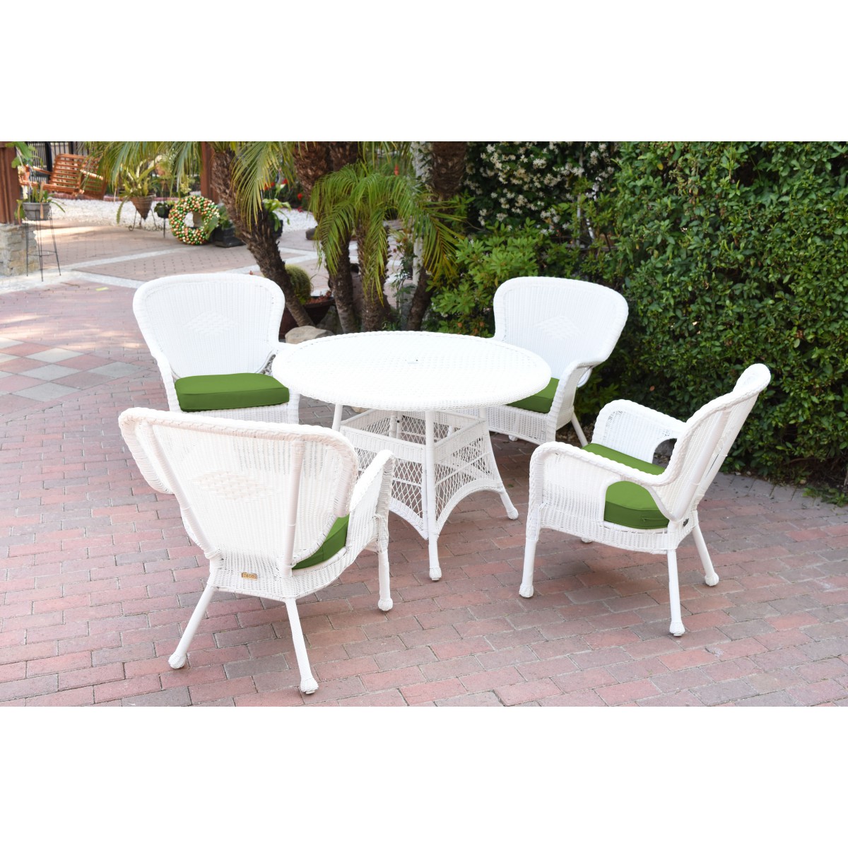 5pc Windsor White Wicker Dining Set Hunter Green Cushions