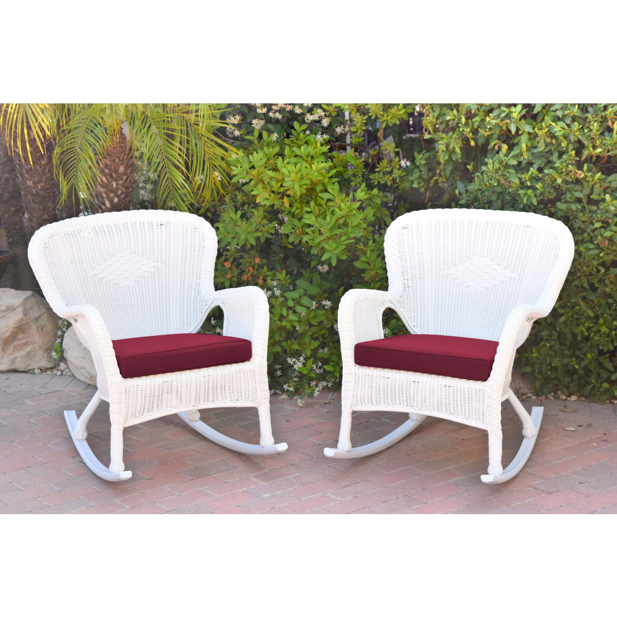 Set of 2 Windsor White Resin Wicker Rocker Chair with Red Cushions