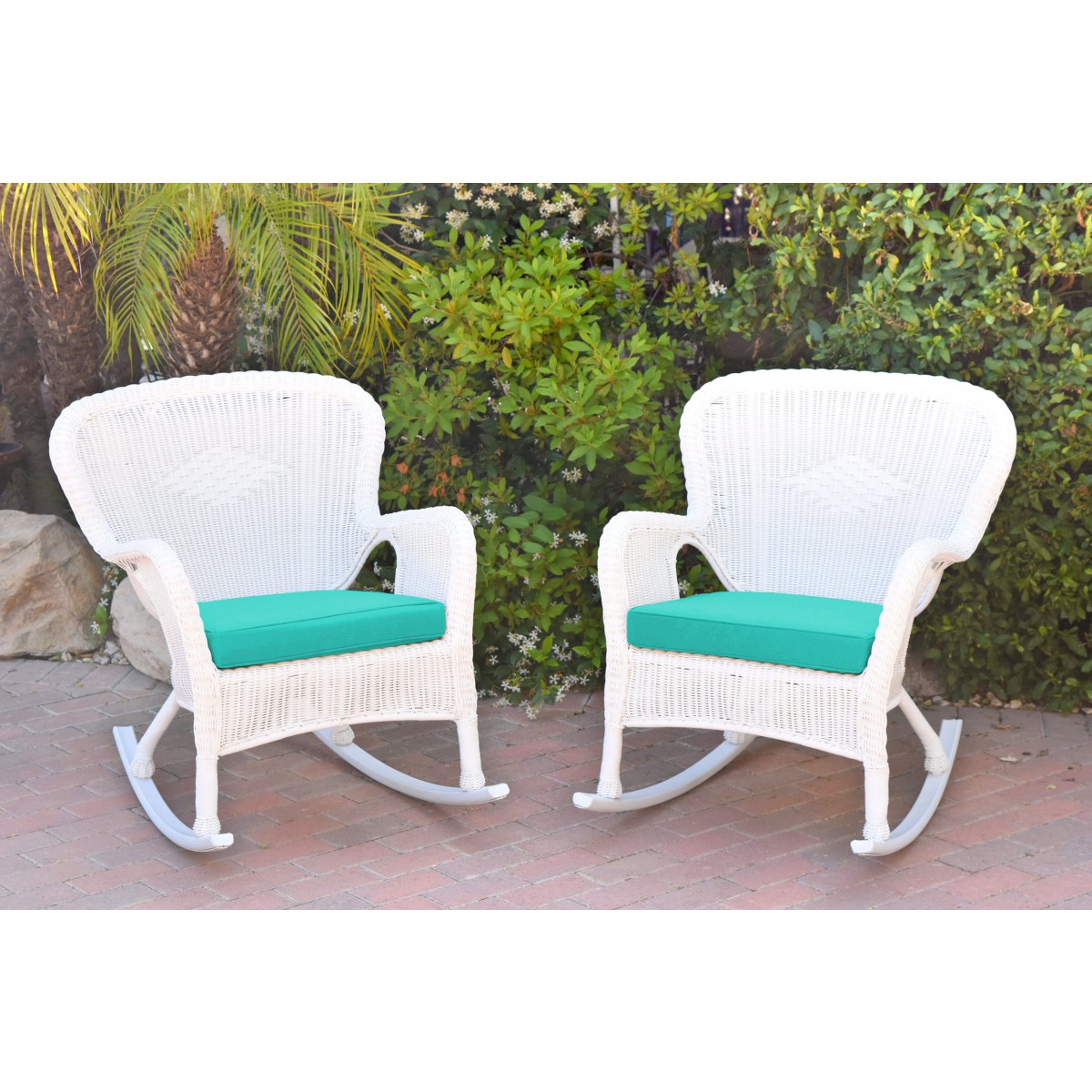 Set of 2 Windsor White Resin Wicker Rocker Chair with Turquoise Cushions