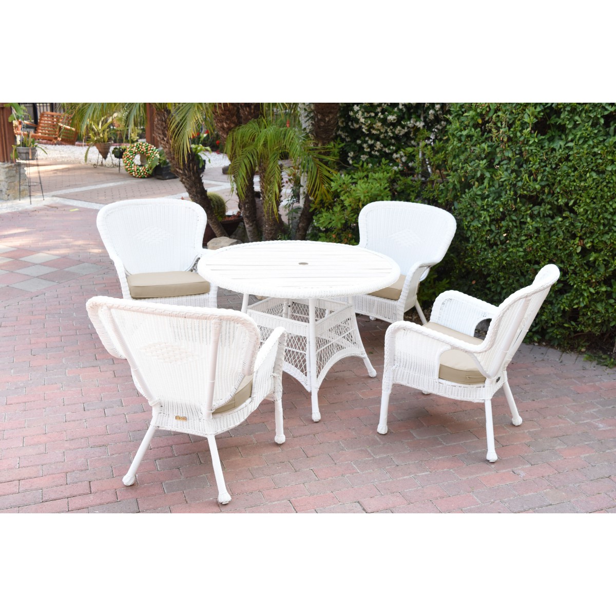 5pc Windsor white wicker dining set with faux wood top and 3 Inch tan