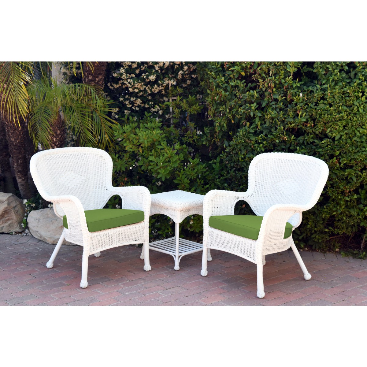 Windsor White Wicker Chair And End Table Set With Hunter Green Chair Cushion