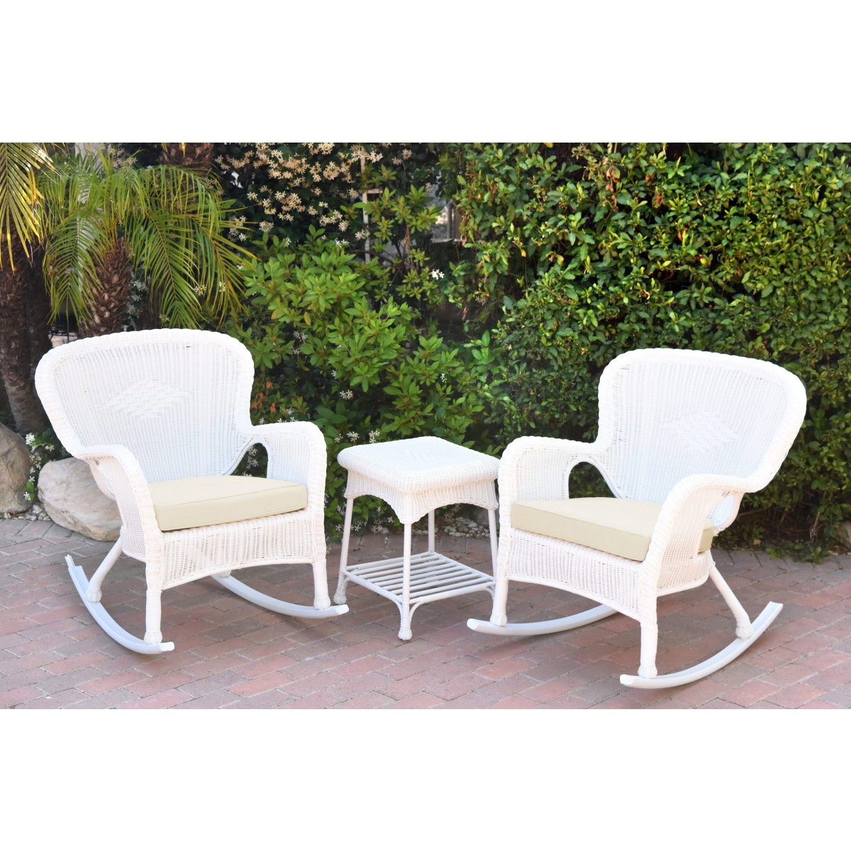 Windsor White Wicker Rocker Chair And End Table Set With Ivory Chair