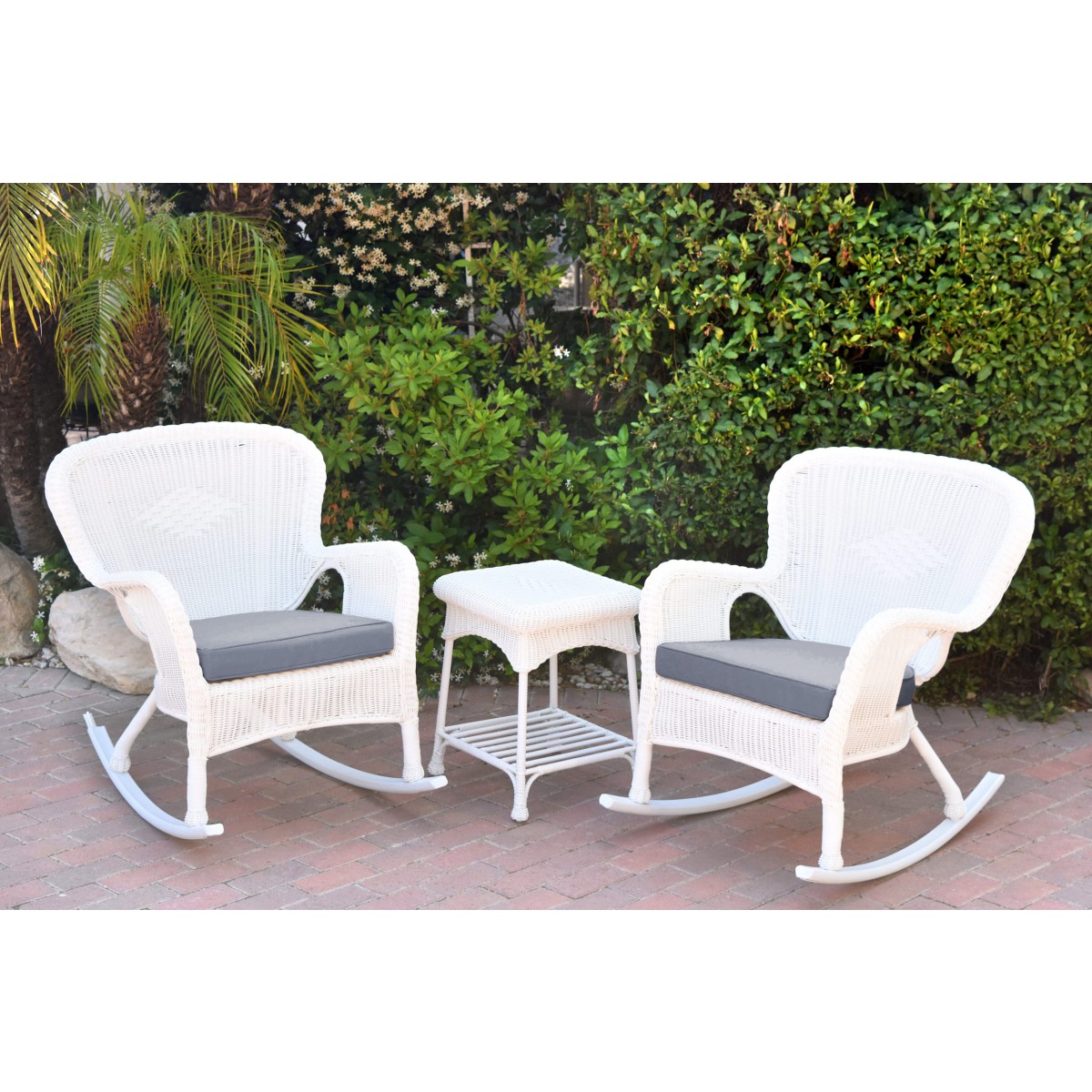 Windsor White Wicker Rocker Chair And End Table Set With Steel Blue Chair Cushion