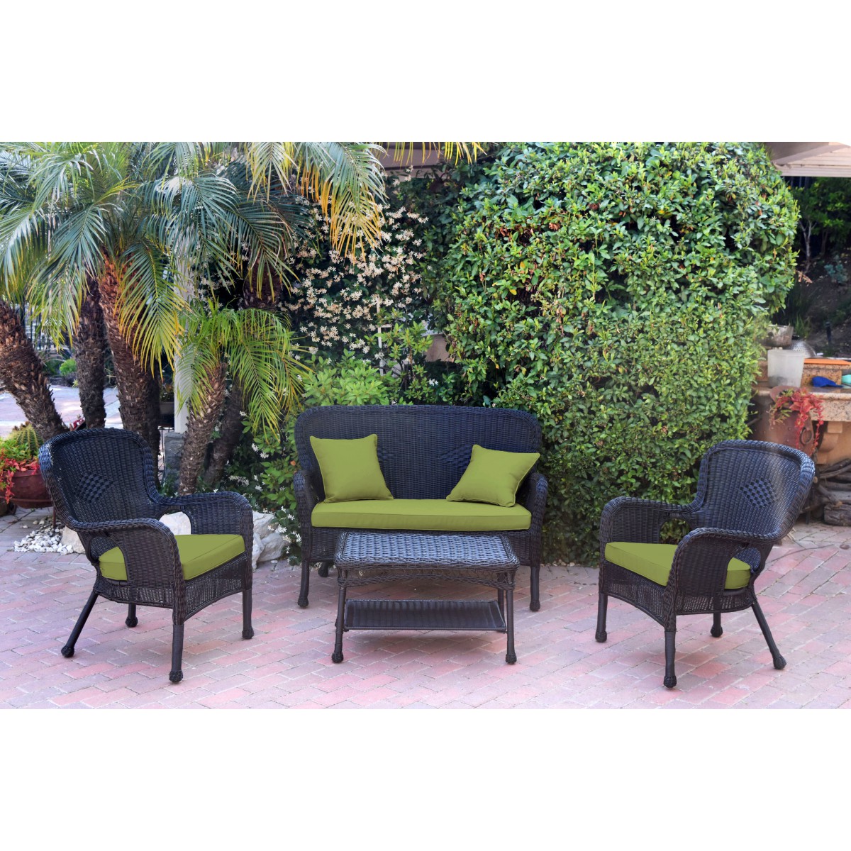 4pc Windsor Black Wicker Conversation Set Sage Green Cushions