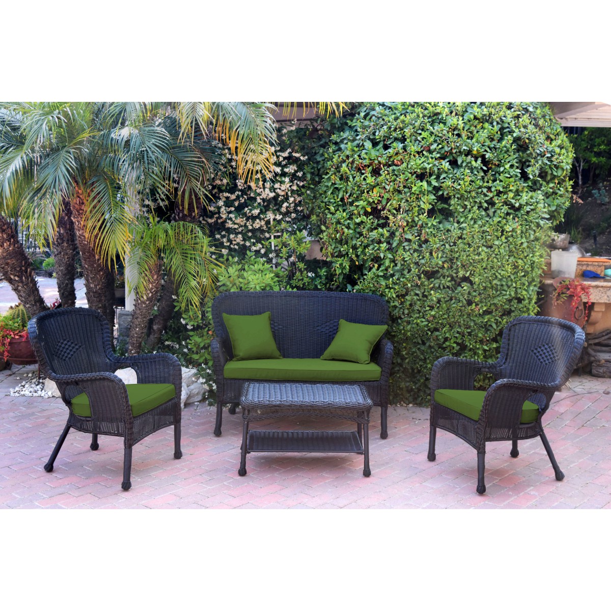4pc Windsor Black Wicker Conversation Set Hunter Green Cushions
