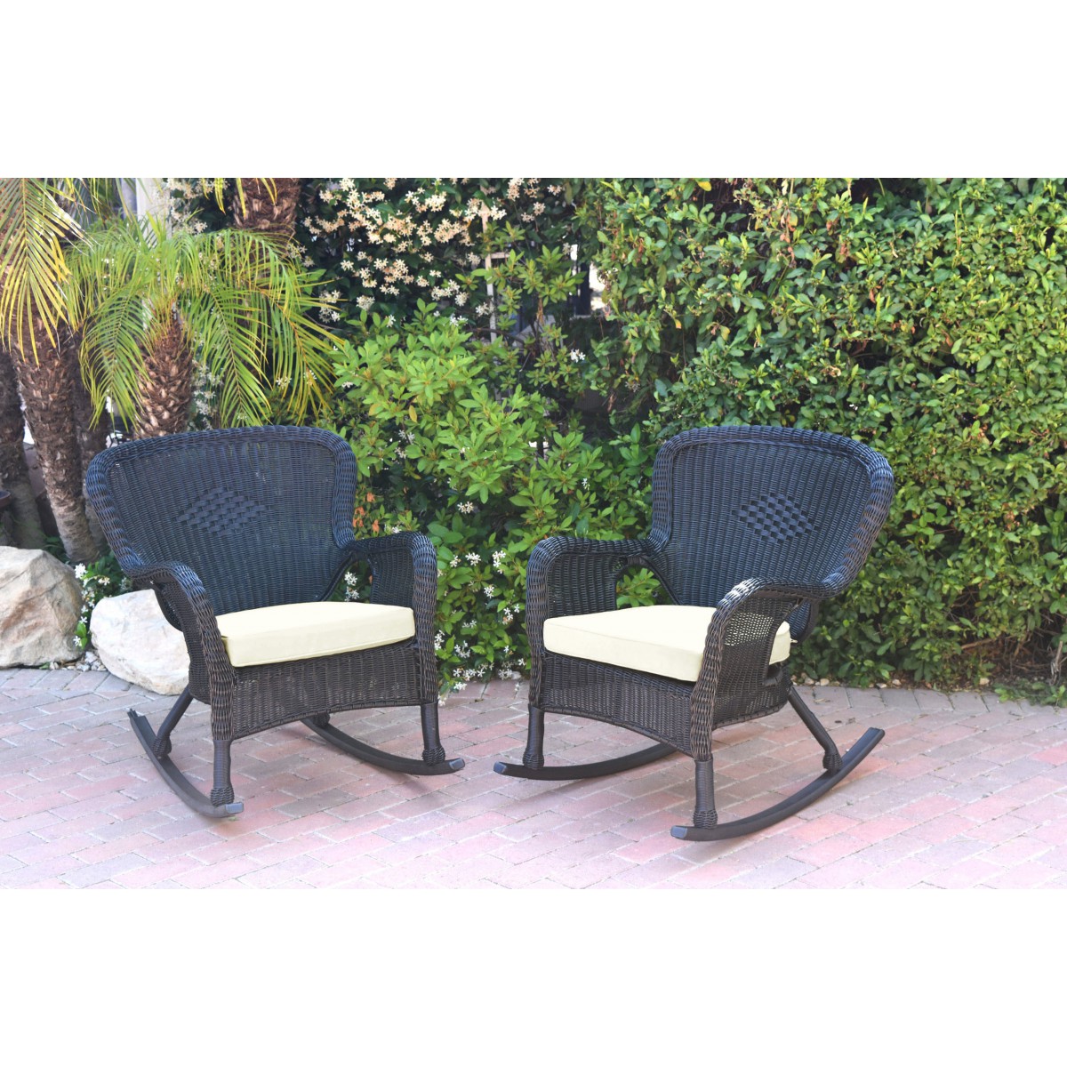 Set of 2 Windsor Black Resin Wicker Rocker Chair with Ivory Cushions