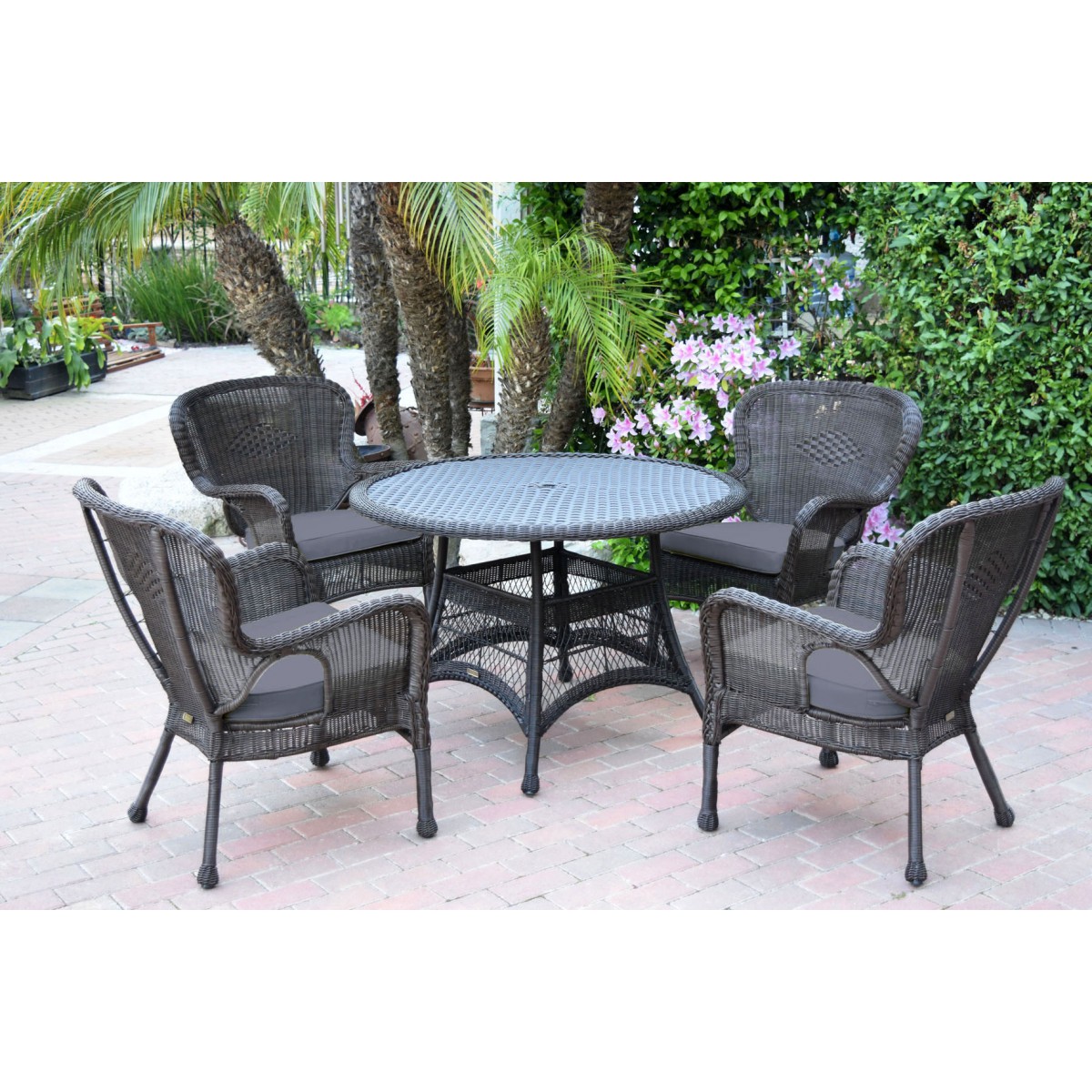5pc Windsor Espresso Wicker Dining Set with Steel Blue Cushions