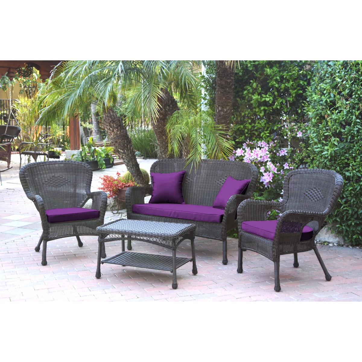 4pc Windsor Espresso Wicker Conversation Set Purple Cushions