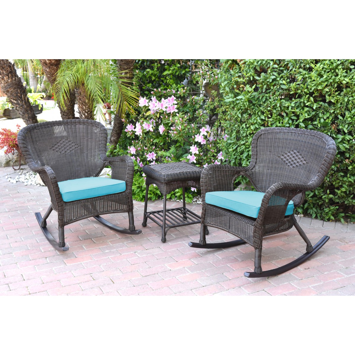 Windsor Espresso Wicker Rocker Chair And End Table Set With Sky