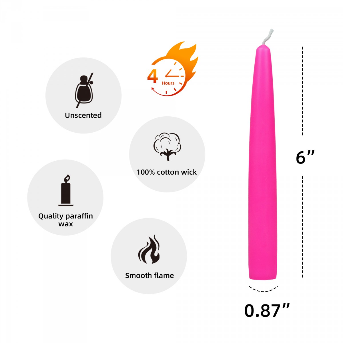 6 Inch Hot Pink Taper Candles (1 Dozen)