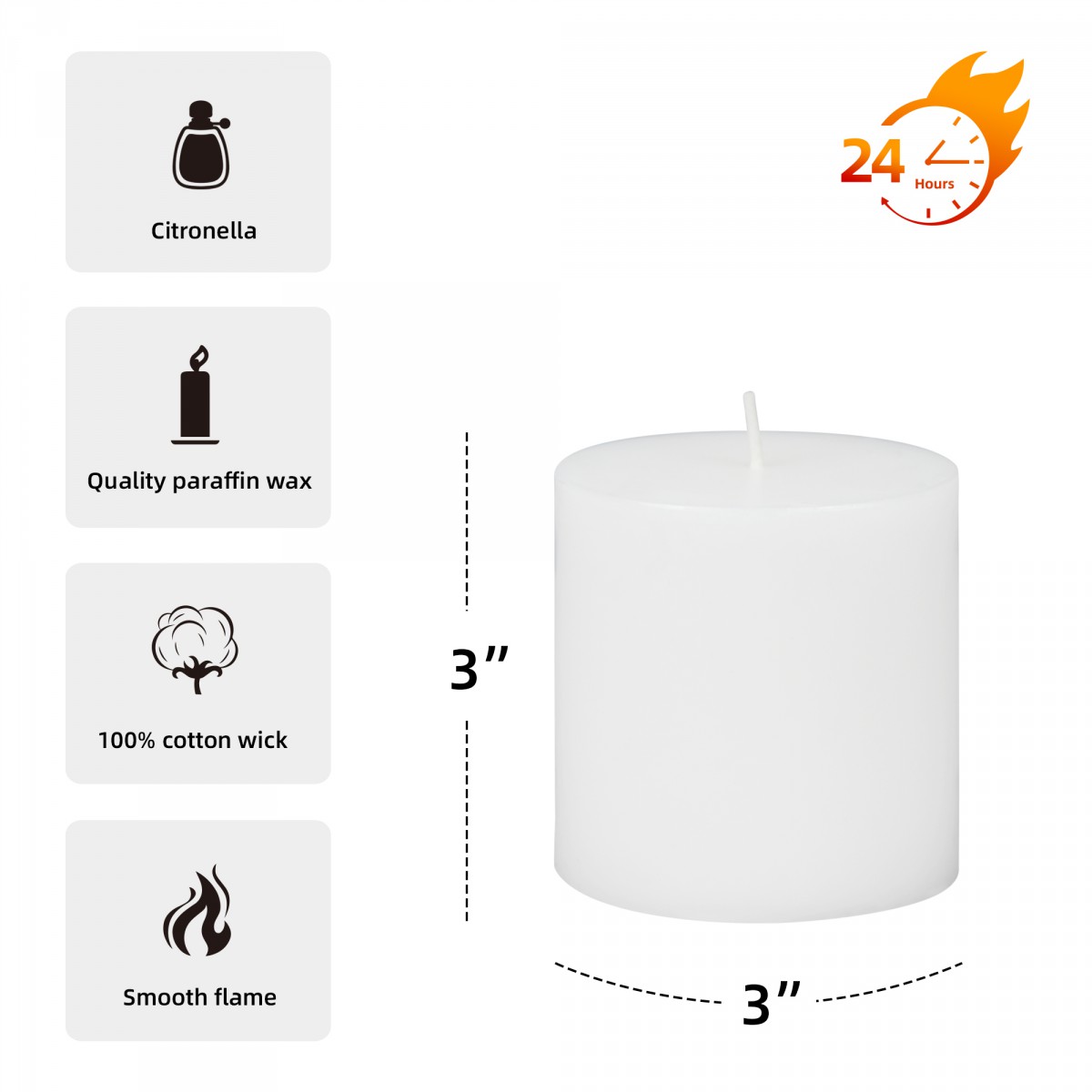 3 x 3 Inch White Citronella Pillar Candle (12pcs/Case) Bulk