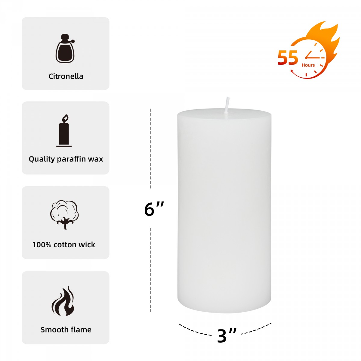 3 x 6 Inch White Citronella Pillar Candle