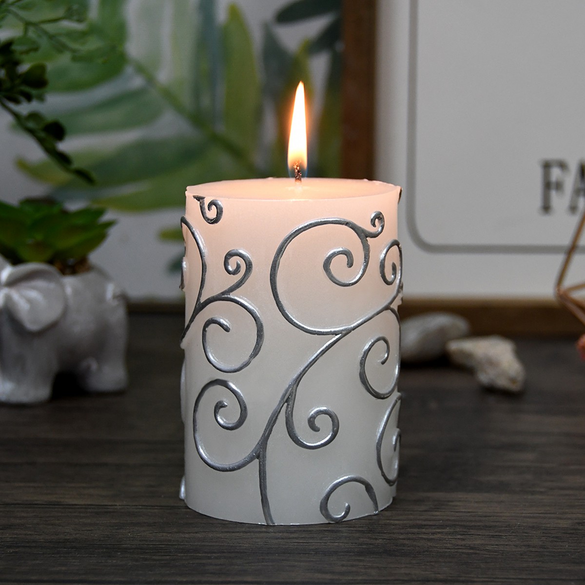 3 x 4 Inch White Scroll Pillar Candle 12pcs Case Bulk