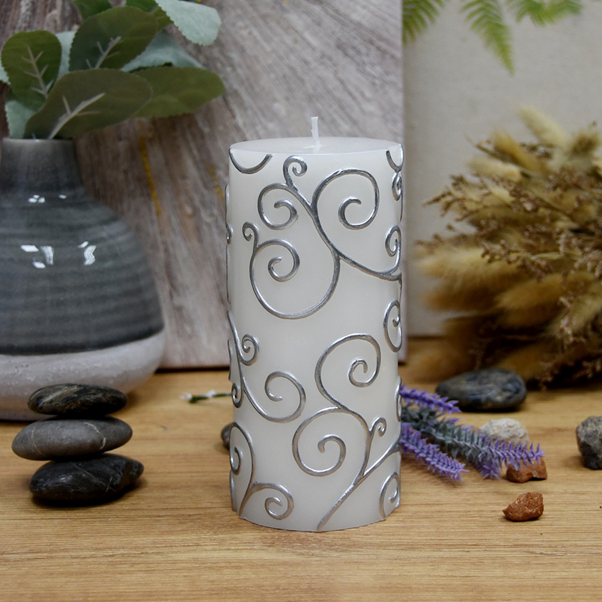 3 x 6 Inch White Scroll Pillar Candle