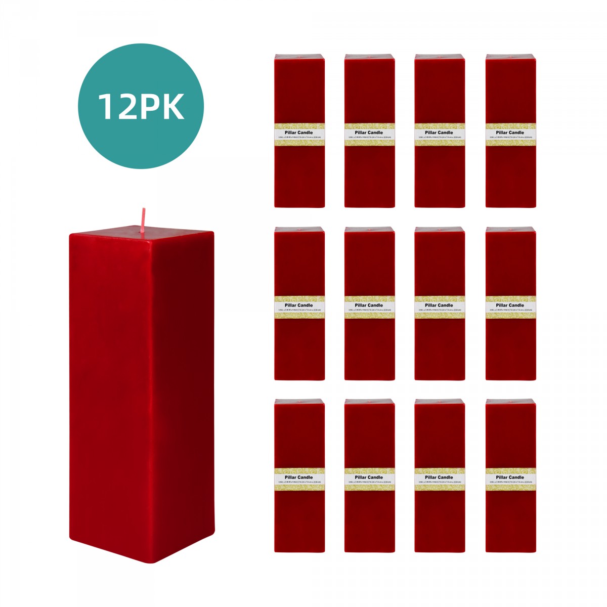 3 x 9 Inch Red Square Pillar Candle